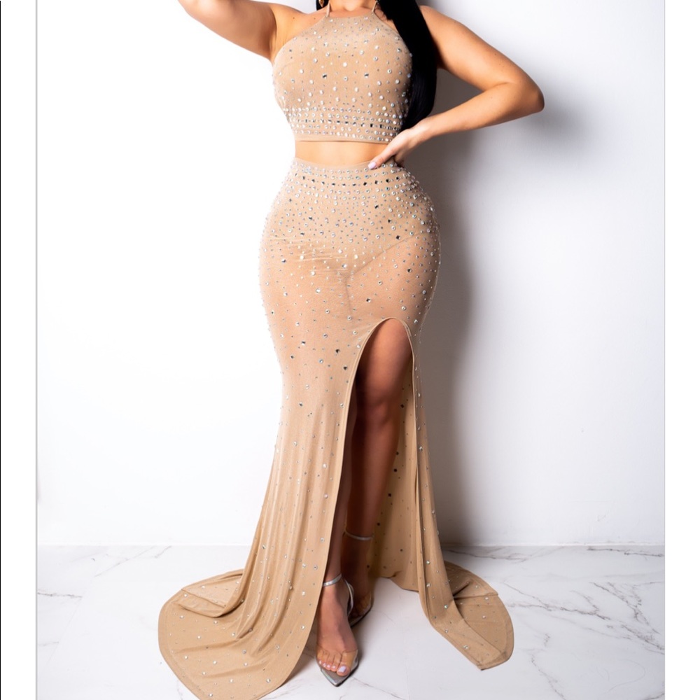 Nude rhinestone skirt set